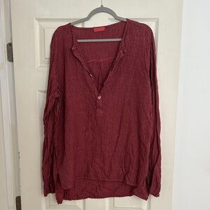 100% Linen Red Striped Long Sleeve Blouse
